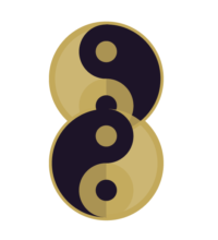 Two vertically stacked plum and gold yin yangs